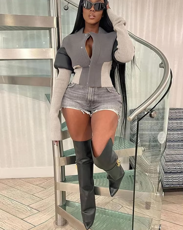 Contrast Patchwork Jacket Women Chic Zip Hipster Winter Trend full Sleeve Coat Wild Streetwear Casual Jersey Outwear