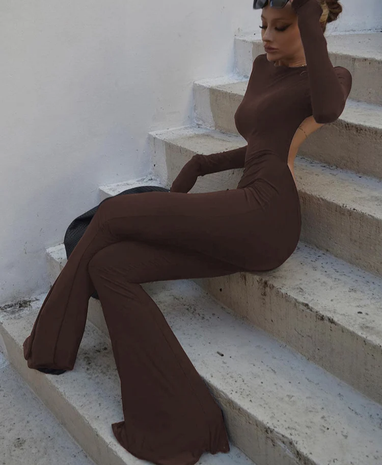 Sexy Women Jumpsuit Backless Flare Spring Trend o-Neck Elegant Skinny Full Sleeve Basic Solid Street Fitness Overalls