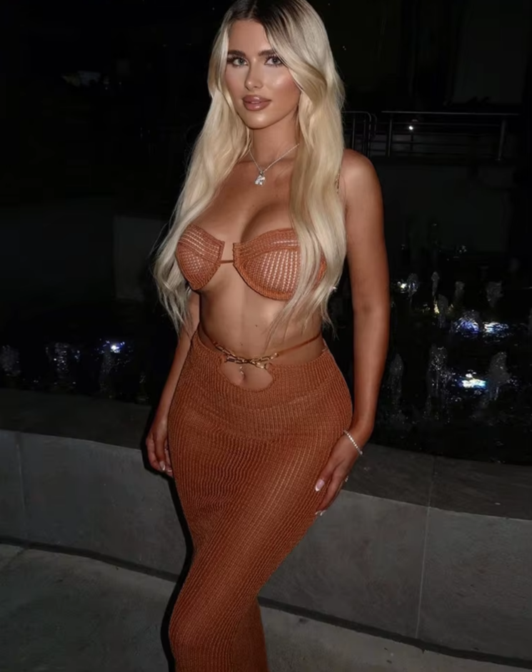 Knit Sexy Women 2 Piece Set Summer Trend Metal Chain Camisole+Bandage Long Skirts Vacation Matching Midnight Clubwear