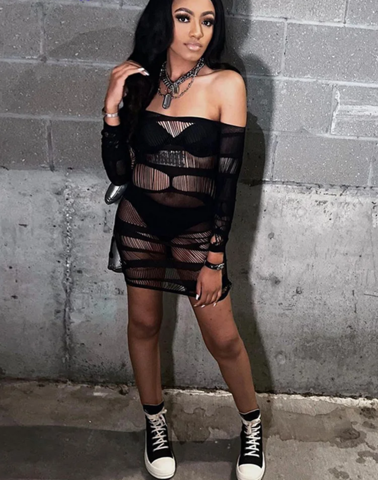 Sexy Hollow Party Dress Women Long Sleeve Skinny Slash Neck Elastic See Through Midnight Birthday Clubwear Bodycon