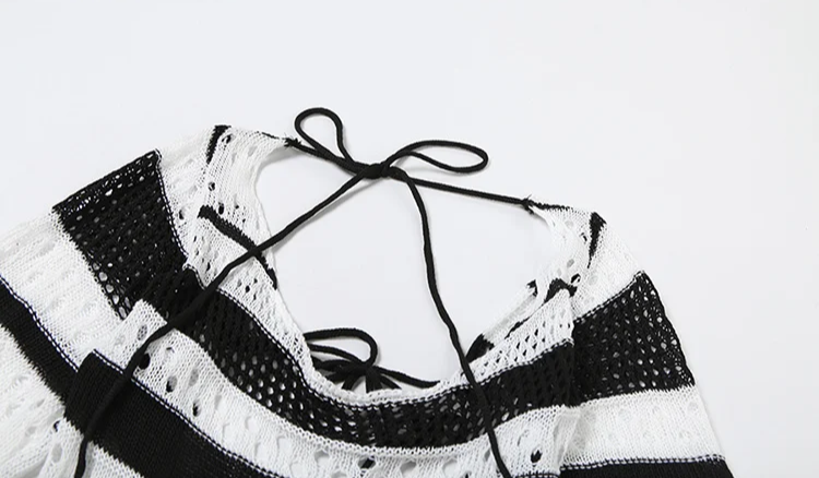 Backless Crochet Y2K Dress Autumn Stylish Full Sleeve Bandage Hollow Sexy Hipster Stripe Chic Midnight Party Clubwear