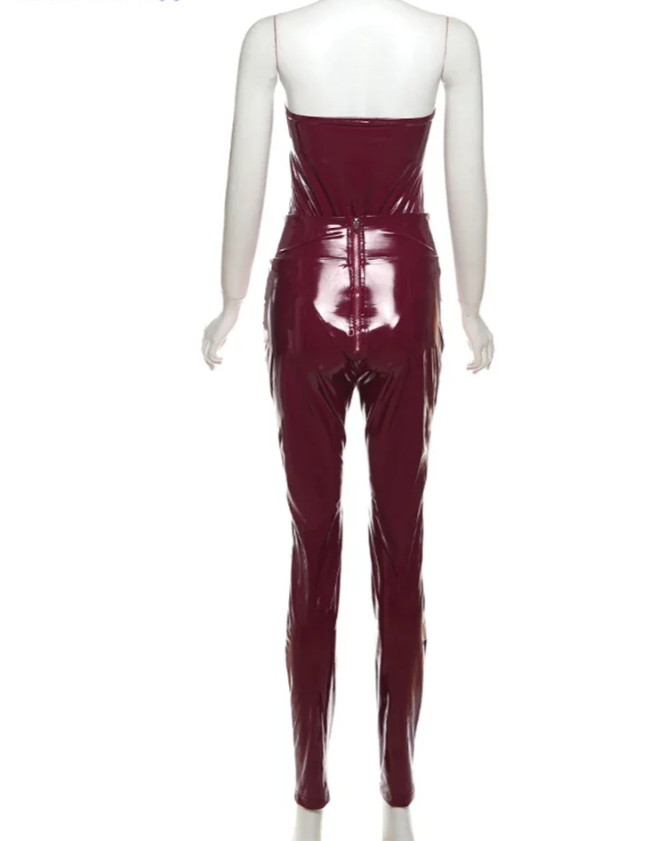 Faux Leather Sex  Set Women  Low-Neck Halter Sleeveless Bodysuit+Zipper Waist2 Piece Stretch Pant Clubwear Trend Suit