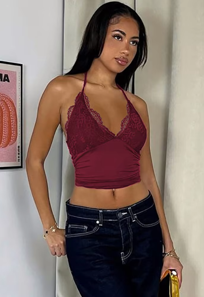 Lace Trim Deep V Halter Crop Tops White Sexy Tanks & Camis 2024 Fashion Clothes Going Out Top Women Club Wear