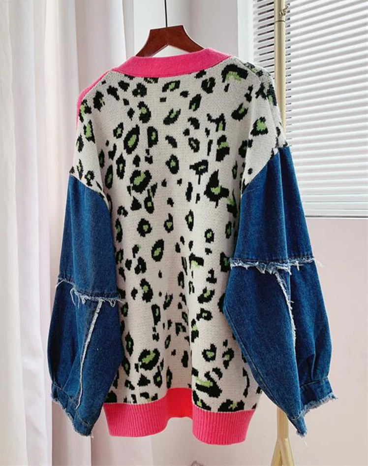 Denim Patchwork Cardigan Sweater Women Autumn Long Sleeve Letter Print Casual Hipster Wild Streetwear Elastic Coat