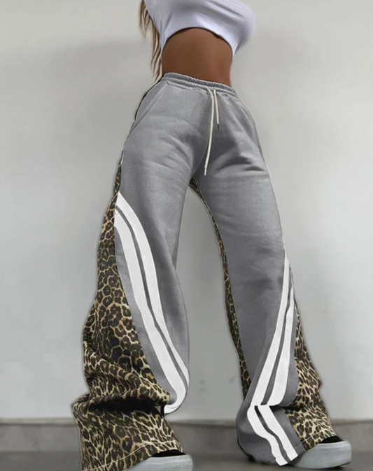 Side Stripe Women Flare Pants Autumn Hipster Leopard Patchwork Pocket Casual Wild Basic Street Sweatpants Trousers