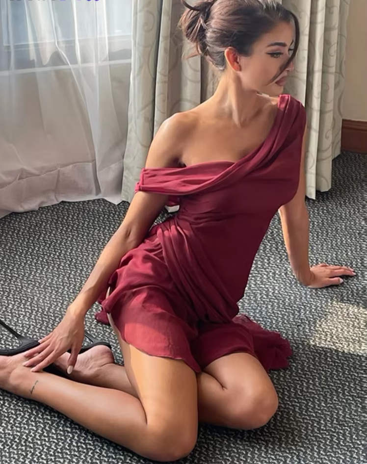 Inclined Shoulder Dress Woman Summer Sexy Patchwork Ruffles Irregular Hem Solid Tierred Drawstring Skinny Bodycon