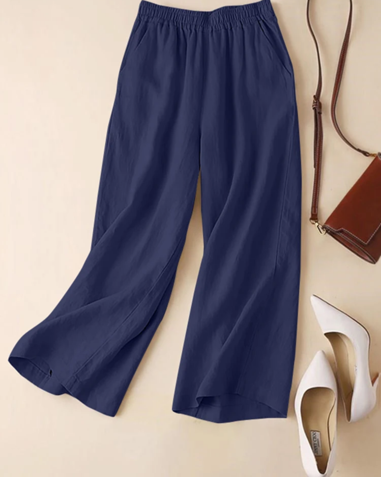 Women's Summer Pants Cotton Elastic Waist Wide Leg Trousers Casual Light Solid Color Palazzo Everyday Long Pantalon 2024