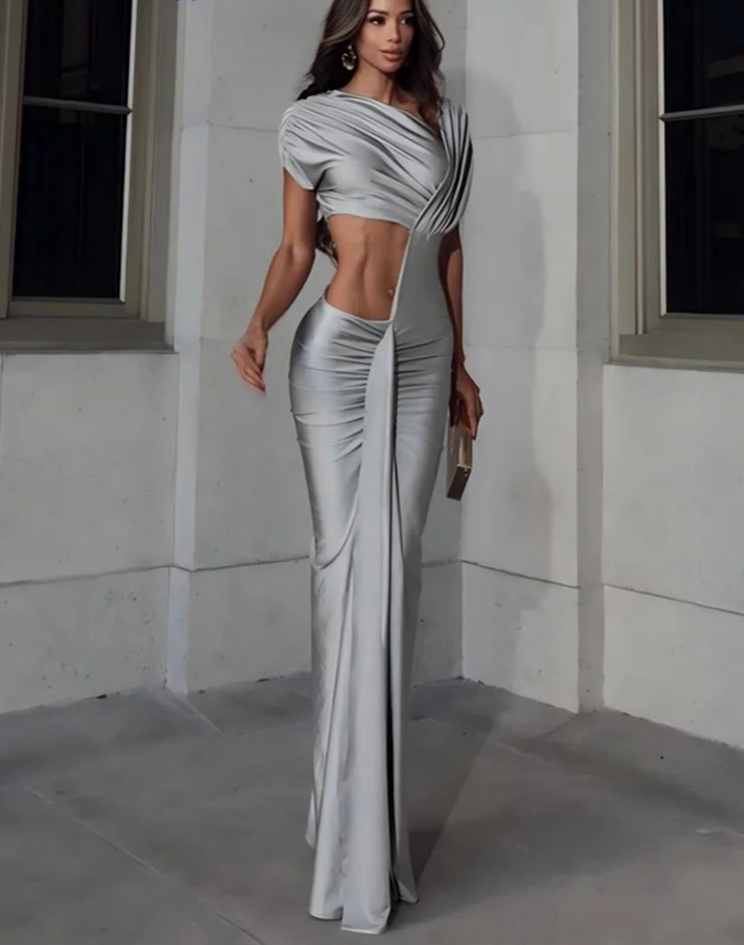 Irregular Hollow Dress Women Diagonal Collar Ruched Shorts Sleeve Trend Waistless Slits Elegant Skinny Maxi Bodycon