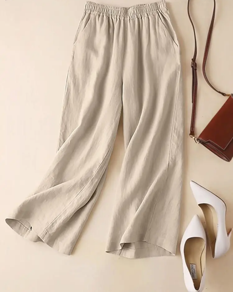 Women's Summer Pants Cotton Elastic Waist Wide Leg Trousers Casual Light Solid Color Palazzo Everyday Long Pantalon 2024