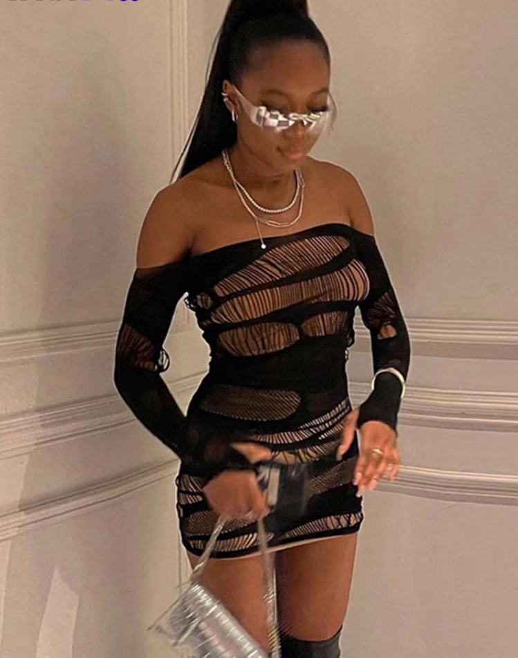 Sexy Hollow Party Dress Women Long Sleeve Skinny Slash Neck Elastic See Through Midnight Birthday Clubwear Bodycon