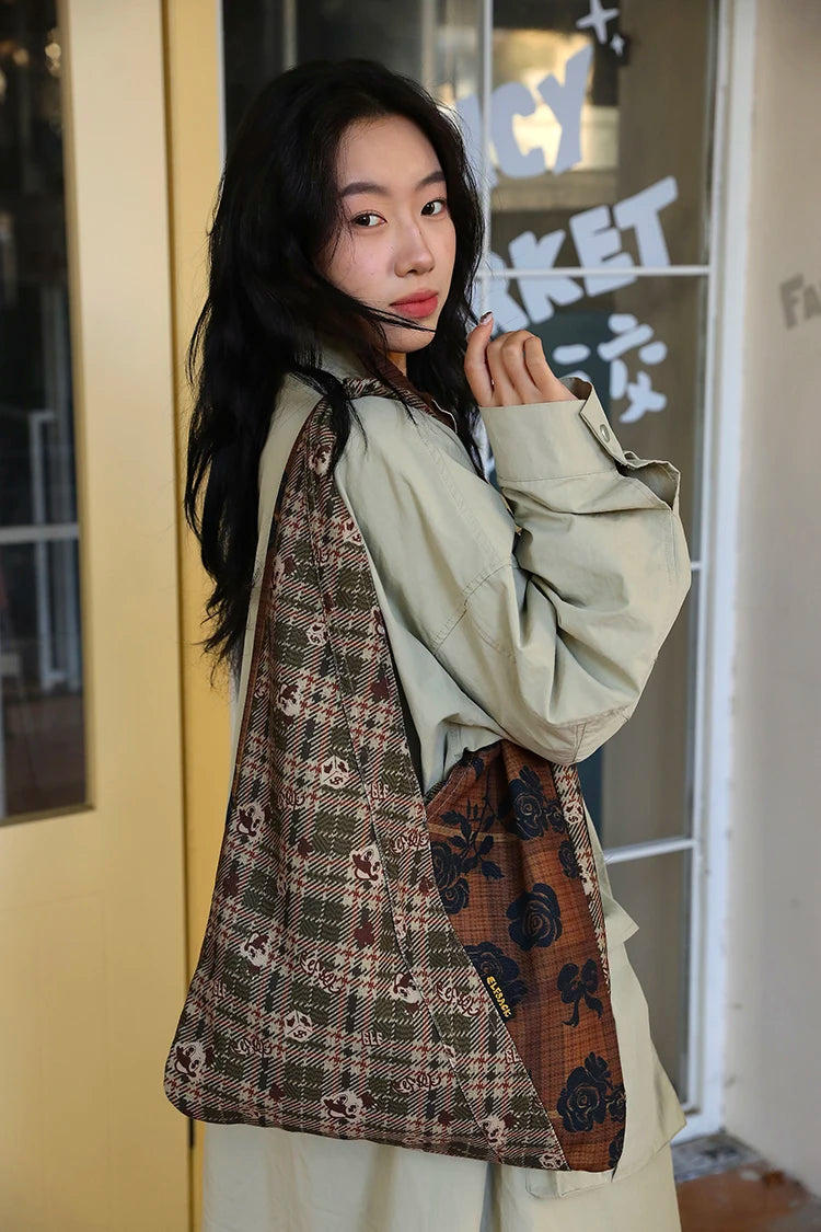 2025 Winter New Arrivals Y2K Vintage Casual Stripe Fabric Bow Graphic Patchwork Tote Bag For Women