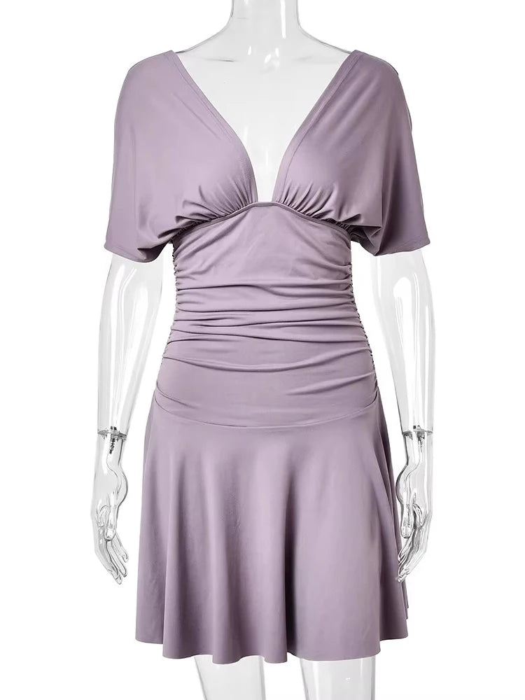 Women Deep V Neck Batwing Short Sleeve Mini Dress Waist Ruched Wrap A‑Line Dress Elegant Casual Party Dresses For Women
