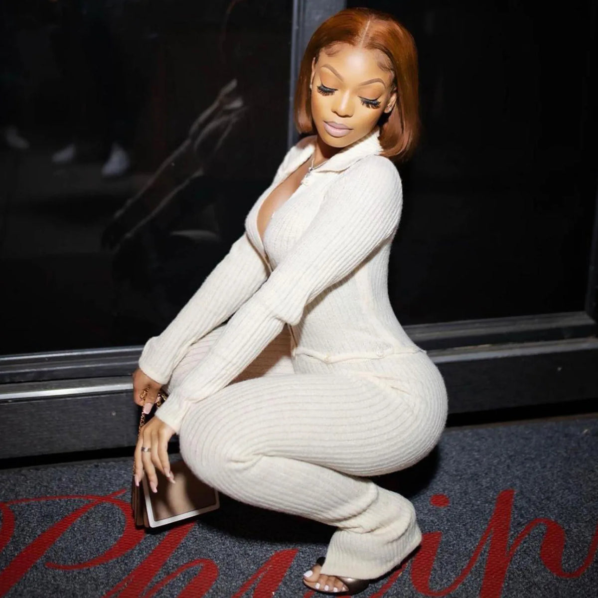 Button Ribbed Knitted Jumpsuit Two Piece Set Fall Winter Clothes Sexy White Long Sleeve Bodycon Jumpsuits