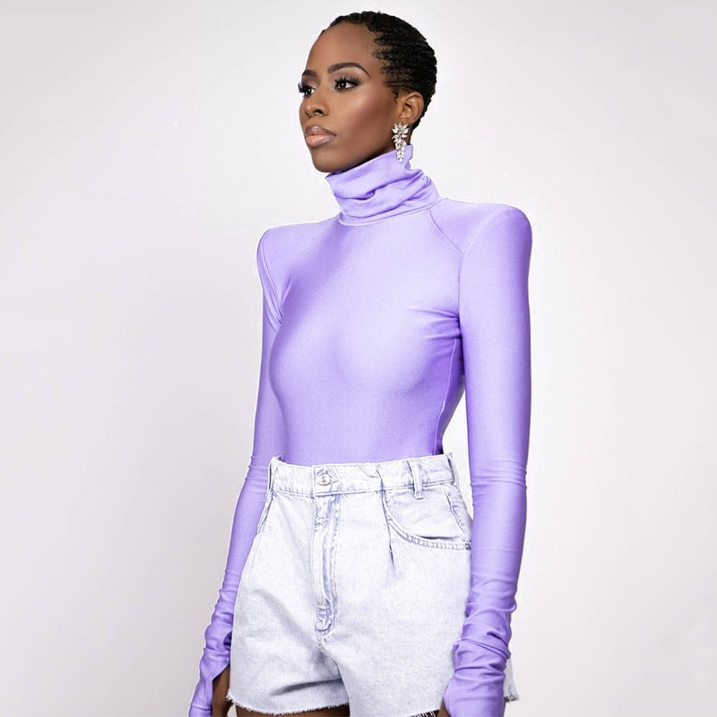 Shoulder Padded Turtleneck Bodysuit Long Sleeve Bodycon Tops Sexy Winter Clothes Women Club Wear Black Purple