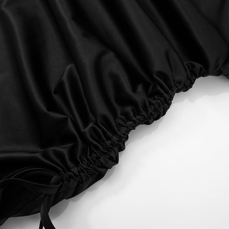 Drawstring Ruched Deep V Neck Backless Mini Dress Satin Black Sexy Summer Dresses for Woman Club Outfits