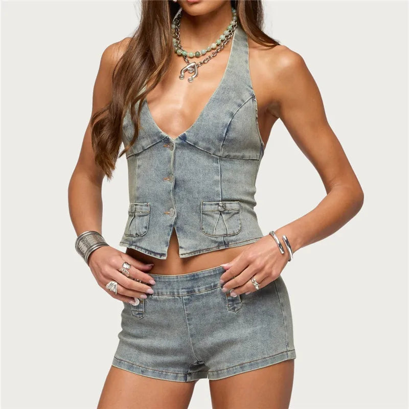Women Y2K Retro Denim 2 Piece Outfit Halter Neck Crop Top + Low Waist Shorts Set Casual Summer Streetwear Matching Set