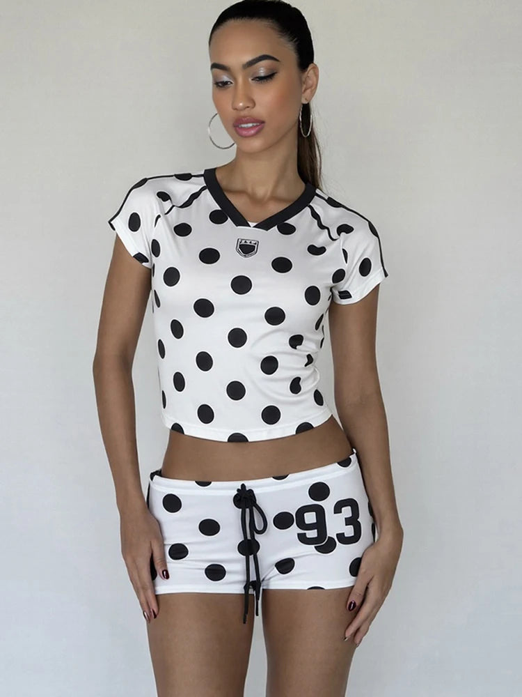 Dot Digit Print 2 Piece Set Women Casual Sporty Hipster Crop Tops+Shorts Matching Streetwear Skinny Stretch Tracksuit