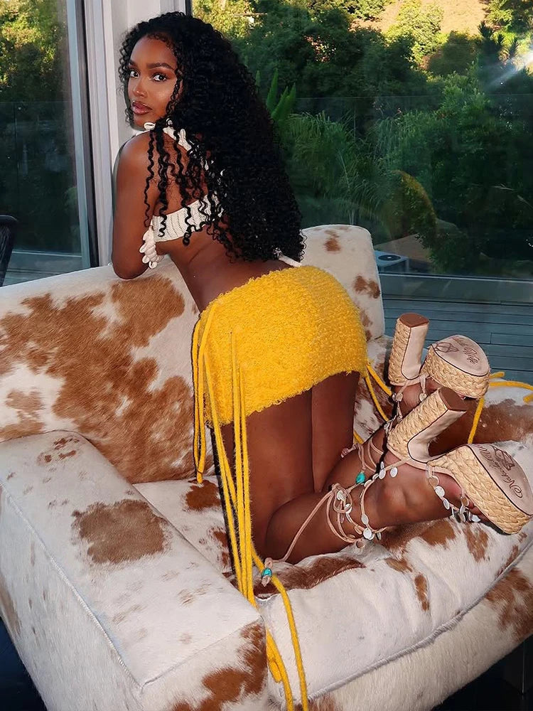 Furry Side Tassel Skirts Women Y2K Peach Hip Summer Sexy Solid Wild Basic Hipster Streetwear Skinny Slim Mini Bottom