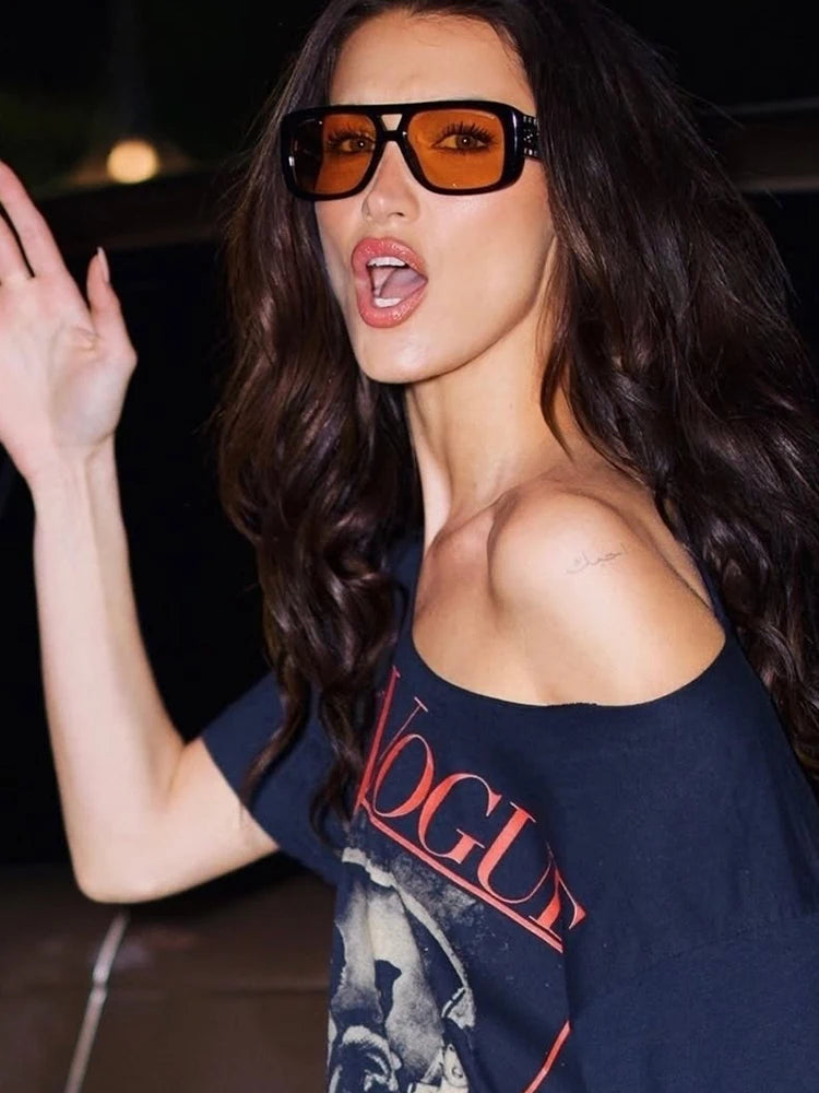 Photo Print Long T-Shirt Women Vintage Wide Collar Hip-Hop Style High Street Hottie Summer Trend Sporty Daily Tops