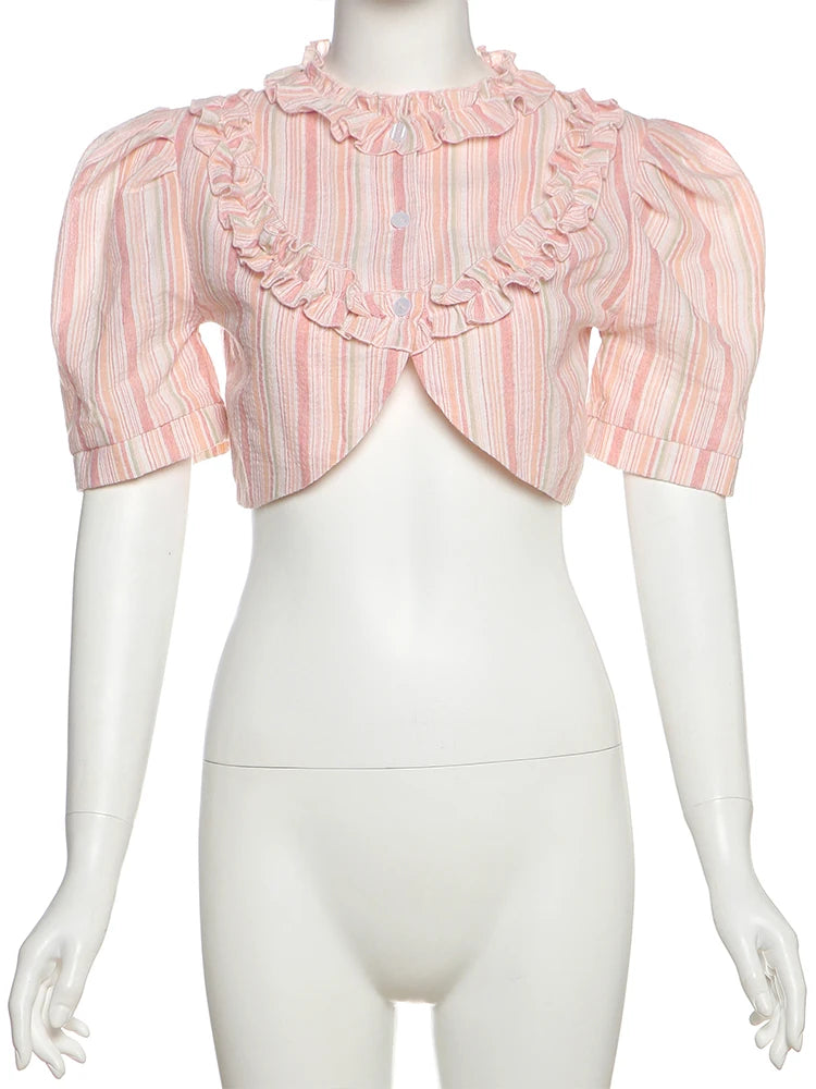 Stripe Print 2-Piece Set Women Y2K Button Puff Sleeve Irregular Crop Top+Edges Skirts Summer Streetwear Matching Suit