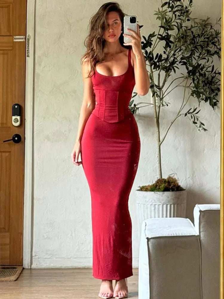 Backless Ruched Skinny Sexy Maxi Dress Women Gown Elegant Square Collar Sleeveless Lace-up Bodycon Club Party Dresses