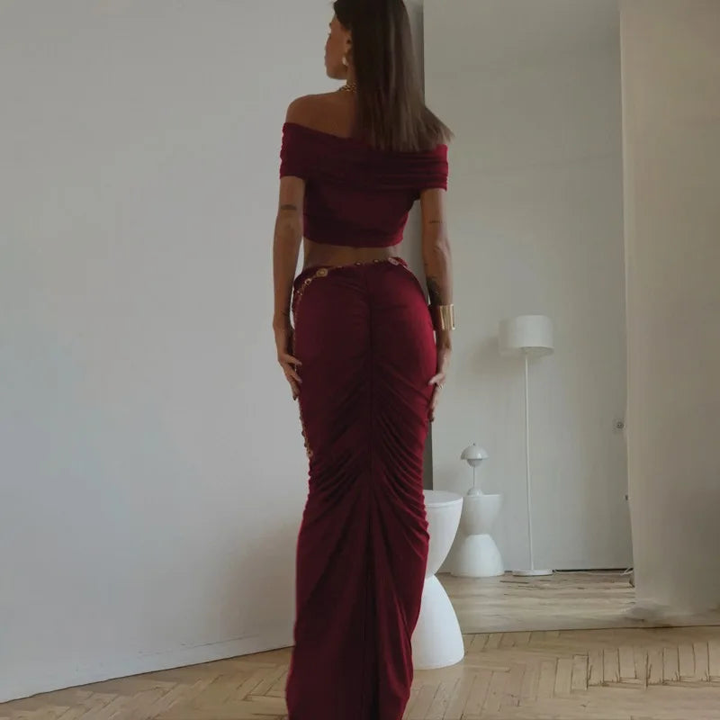 Woman Sexy Two Piece Outfit Off Shoulder Crop Top and Long Maxi Skirt Sets Elegant Party Ruched Dress