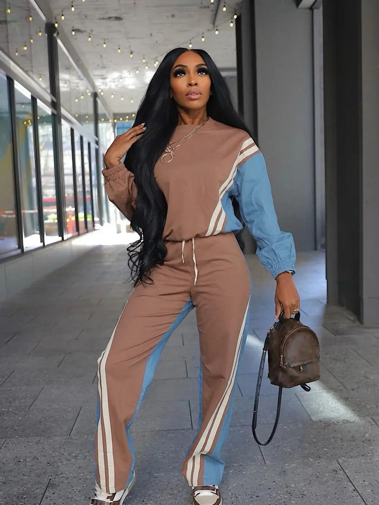 Autumn Trend 2 Piece Set Women Stripes Patchwork Full Sleeve Pullover+Drawstring Pants Casual Sporty Street Tracksuit