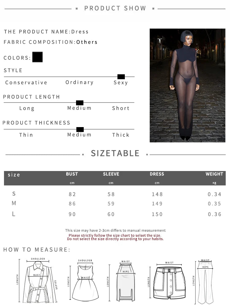 Hot Girl See Through Long Dress+Briefs Woman Turtleneck Full Sleeve High Waist Midnight Club Party Sexy Fashion Vestidos