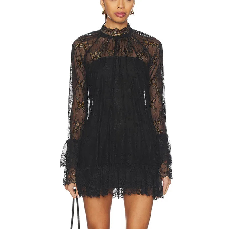 Women Elegant Lace Sheer Mesh Mini Dress High Neck Long Sleeve Flounce Hem A Line Dress for Wedding Guest Nightclub