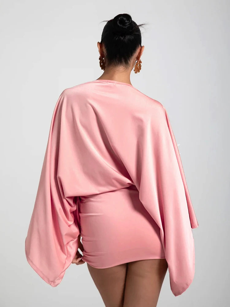 Peach Hip Silky Satin Elegant Mini Dress Woman Deep V-Neck Batwing Sleeve Skinny Hot Girls Midnight Club Party Bodycon