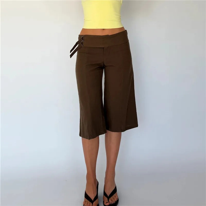 Women Y2K Low Waist Lace‑Up Linen Blend Culottes Solid Cropped Wide Leg Capri Pants With Pockets Casual Bottoms