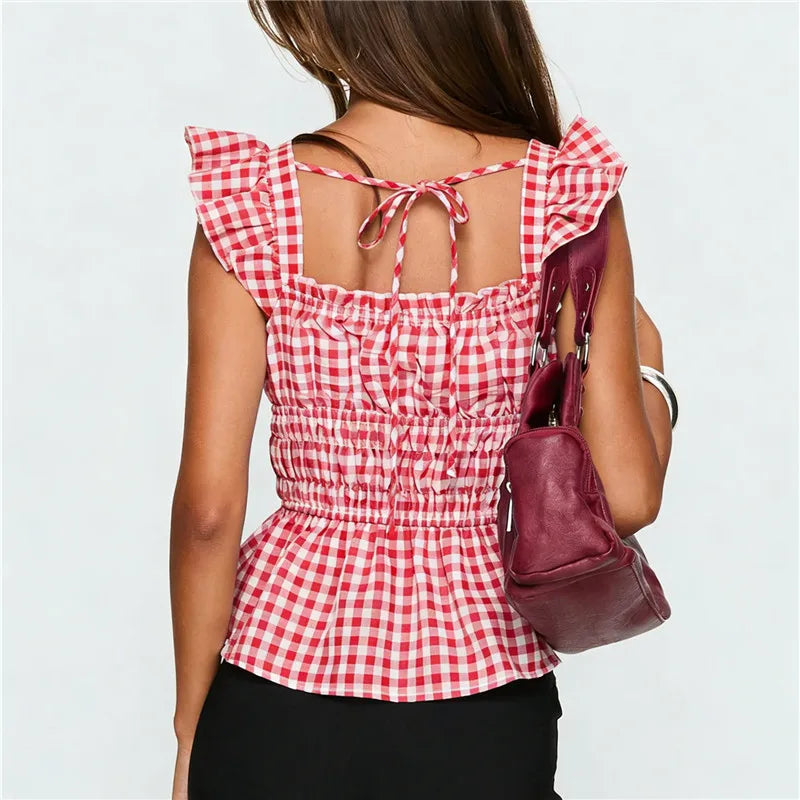 Y2K Sweet Gingham Plaid Peplum Top Women Ruffle Strap Square Neck Smocked Waist Tie Back Casual Summer Blouse