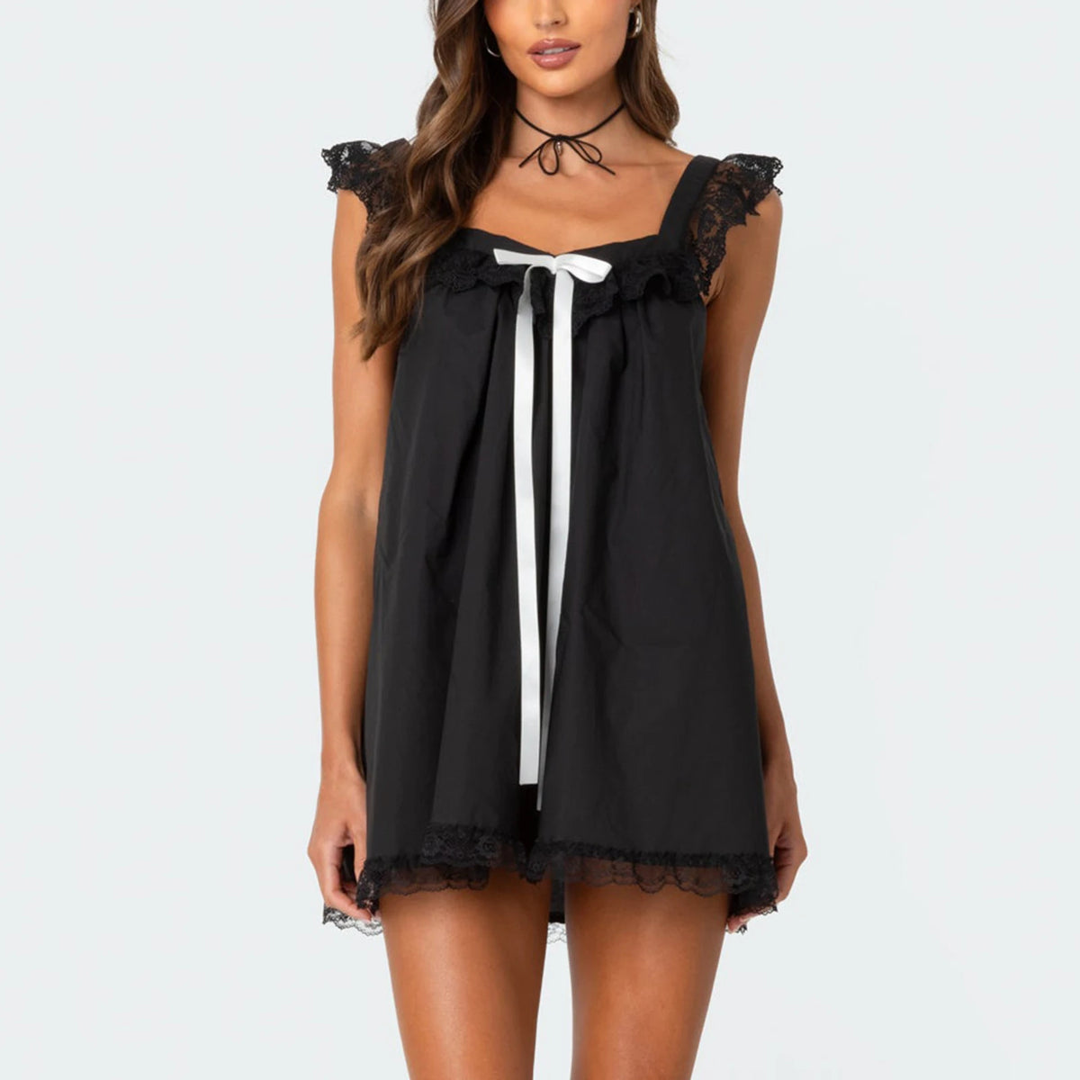 Women Y2K Lace Trim Mini Dress Cute Fly Sleeve Bowknot Babysoll Short Dress Summer Fairy Grunge Party Night Dress