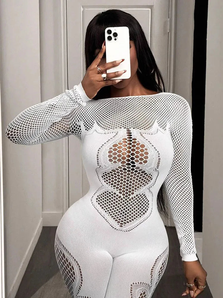 Hollow jumpsuit women stretch skinny full sleeve solid fall hipster sexy midnight coquette activity workout overalls