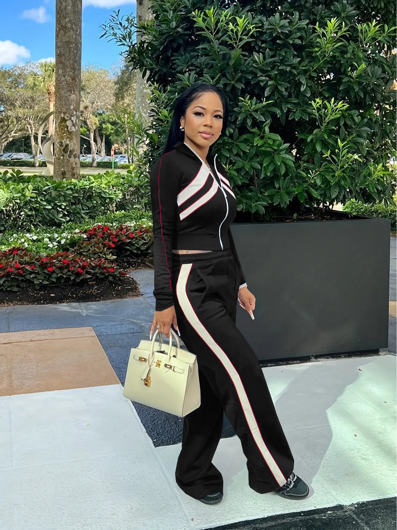 Contrast Patchwork 2 Piece Set Women Tracksuit Full Sleeve Zip Crop Jacket+Straight Pants Elastic Casual Streetwear