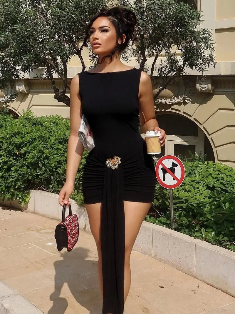 Sleeveless Draped Backless Short Dresses Black Luxury Cocktail Party Evening Dresses Elegant Woman Outfits