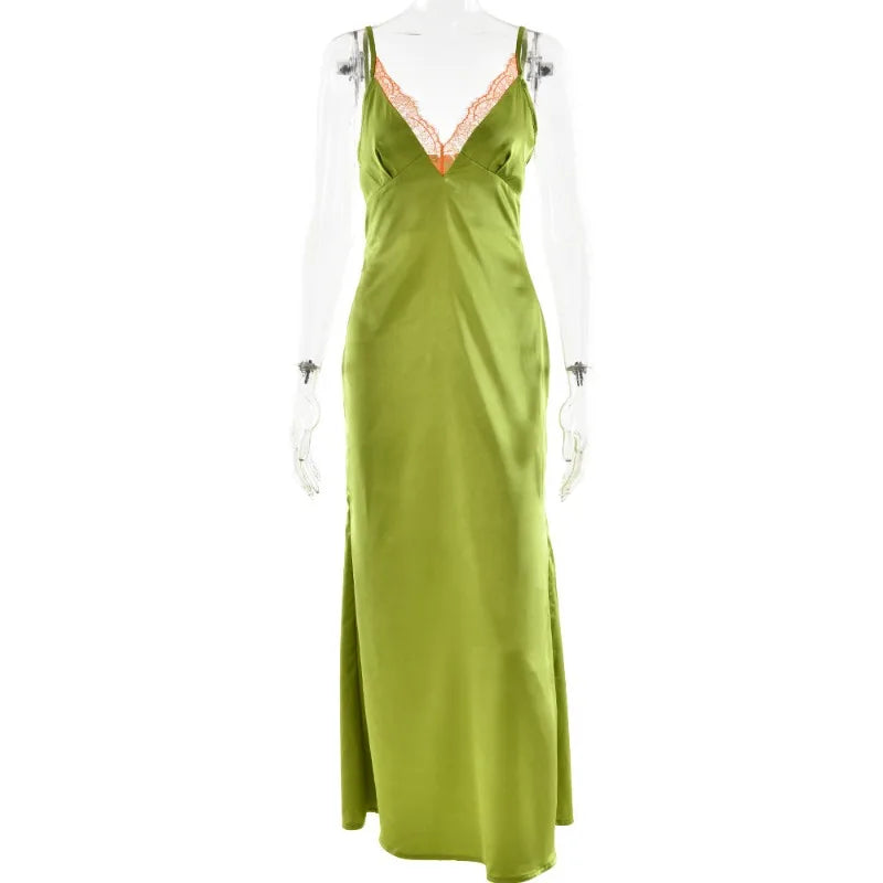 Sexy Deep V Neck Backless Long Dresses Green French Style Satin Dress Elegant Clothes Woman
