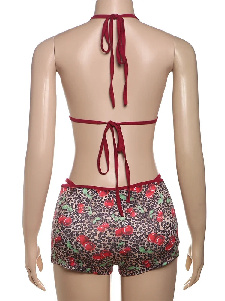 Leopard Patchwork Cherry Print 3 Piece Set Women Sexy Lace-Up Halter Bra+Thong+Skinny Shorts Beach Style Bikini Suits