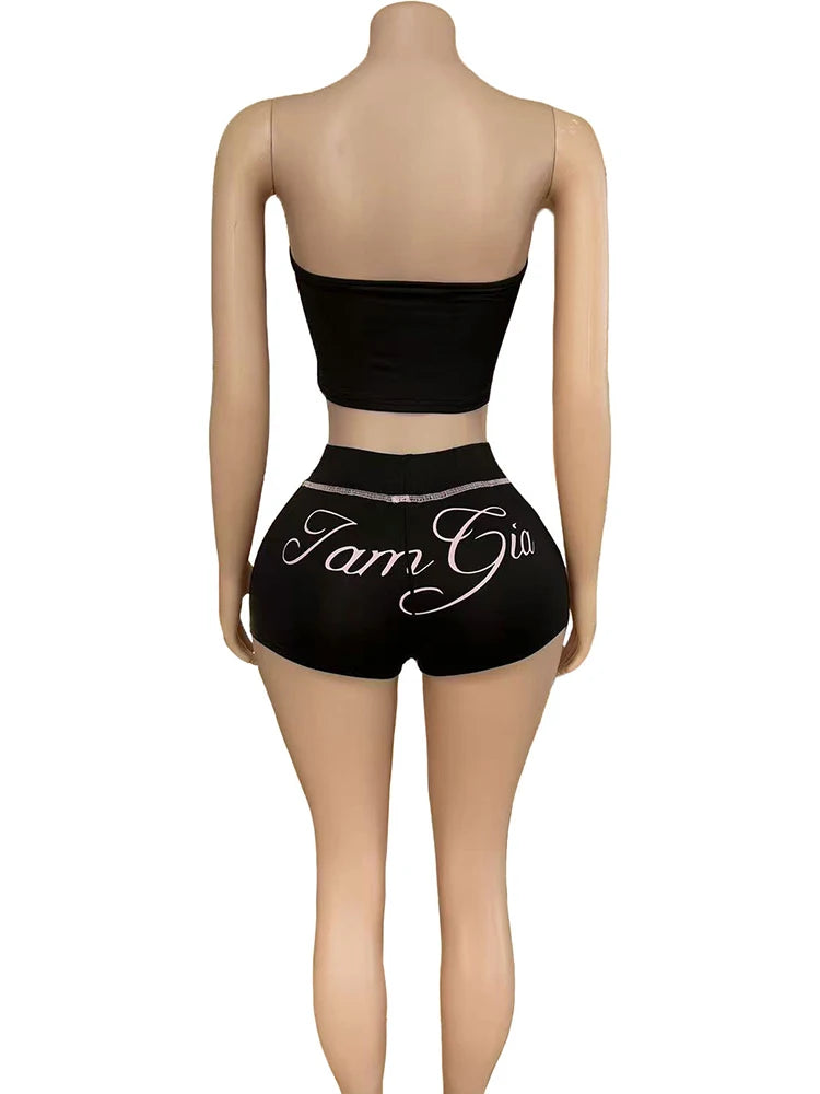 Letter Print Women 2 Piece Set Tracksuit Letter Print Strapless Tos+Shorts Matching Streetwear Skinny Stretch Outfits