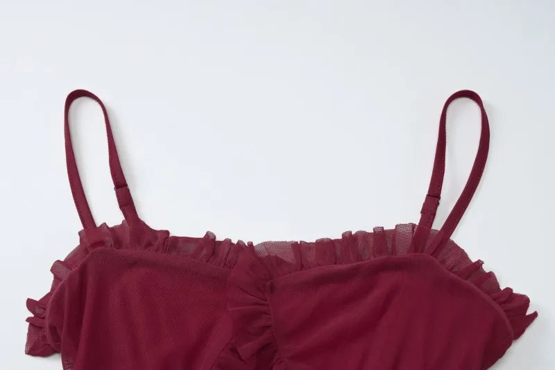 See Through Mesh Splicing Elegant Long Dress Women Sexy Summer Outfits Frilly Hollow Out Split Maxi Dresses