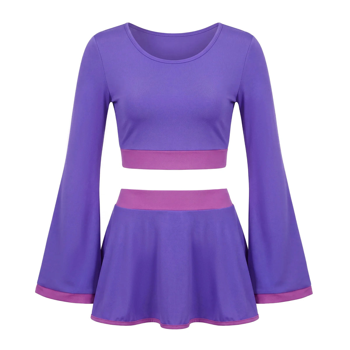 Women Purple 2 Piece Costume Set Flare Long Sleeve Crop Top And Mini Skirt Contrast Trim Halloween Cosplay Party Outfit