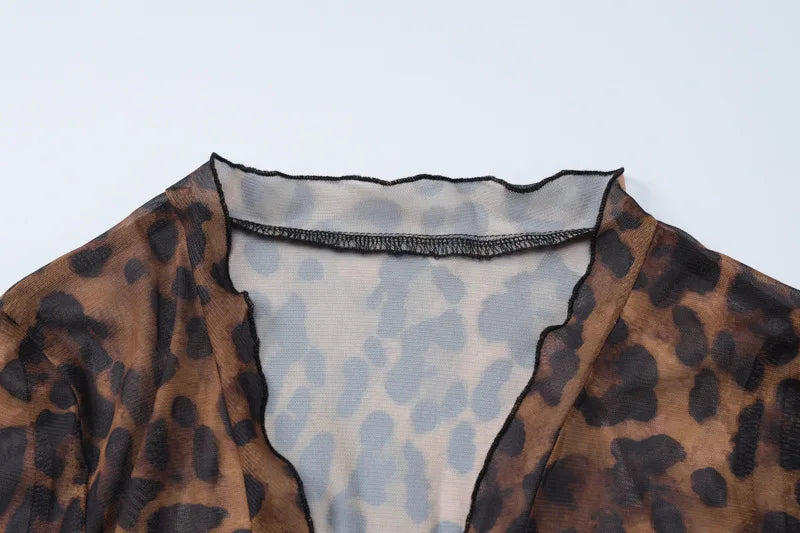 Transparent Leopard Print Chiffon Shirts & Blouses Sexy Tie Front V-neck Flare Sleeve Ruffle Tops for Women