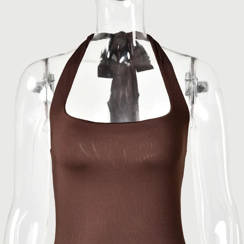 Halter Backless Ruched Maxi Dress Evening Gown Brown Classy Dresses for Woman Elegant Wedding Guest