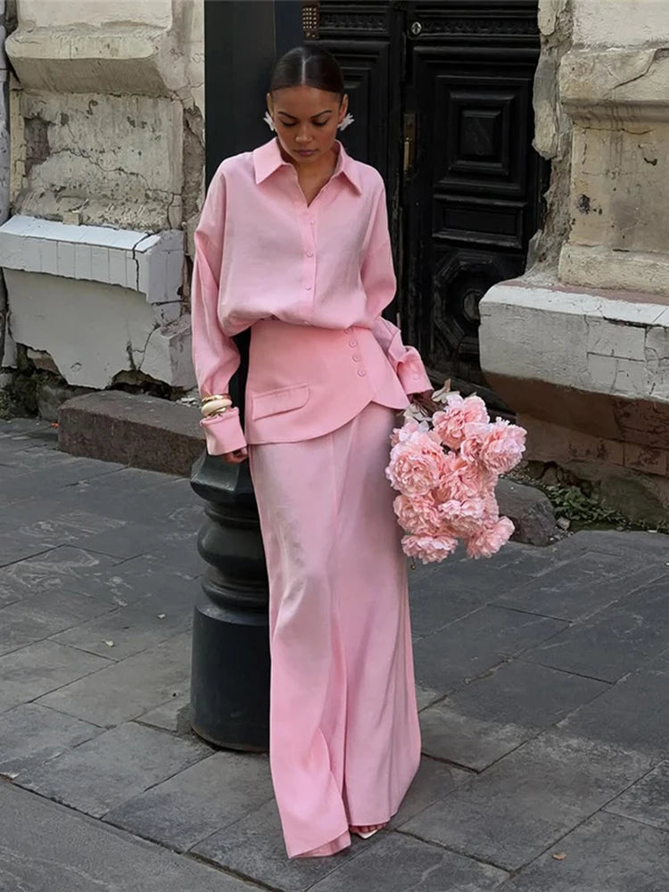 Single-Breasted 3 Piece Set Women Elegant Polo Neck Full Sleeve Blouse+Pinafore+Skirt Matching Trend Chic Streetwear