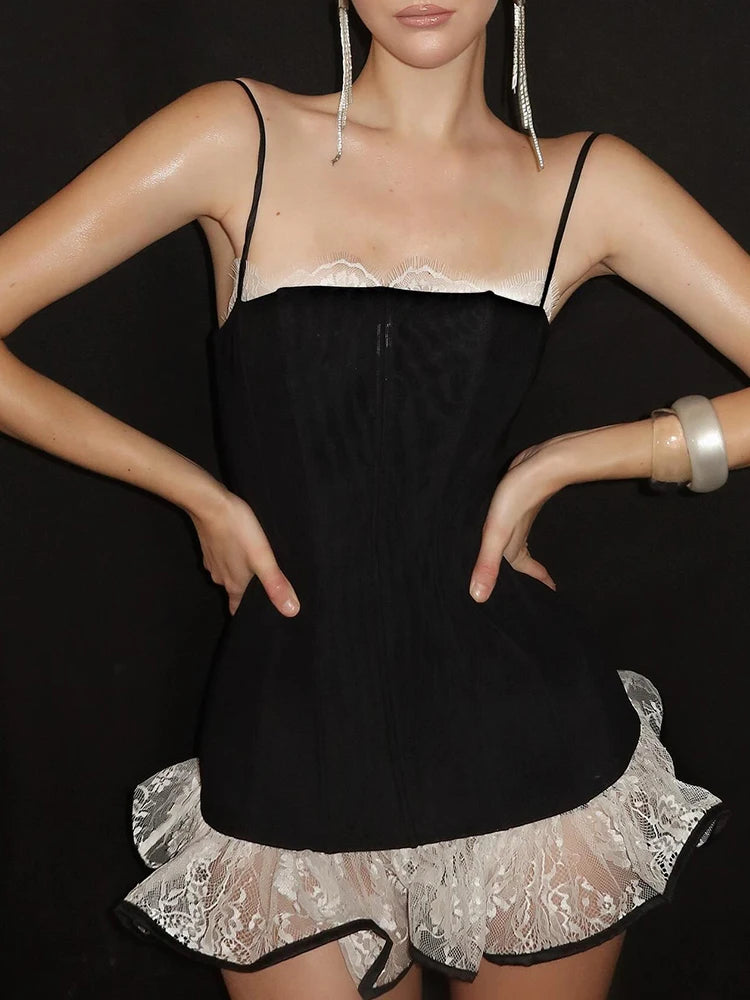 Y2K Sexy Sweet Style Mini Dress Women Square Collar Contrast Mesh Patchwork Ruched Hem Birthday Party Fashion Outfits