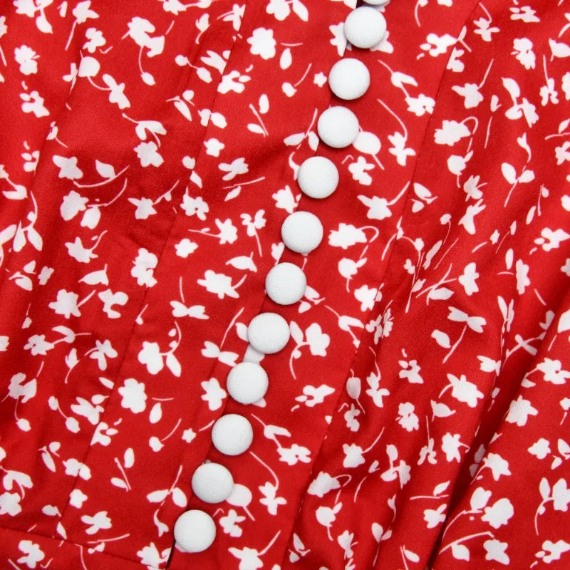 French Style Retro Floral Dress Button V Neck Short Sleeve Long Dresses for Woman Elegant