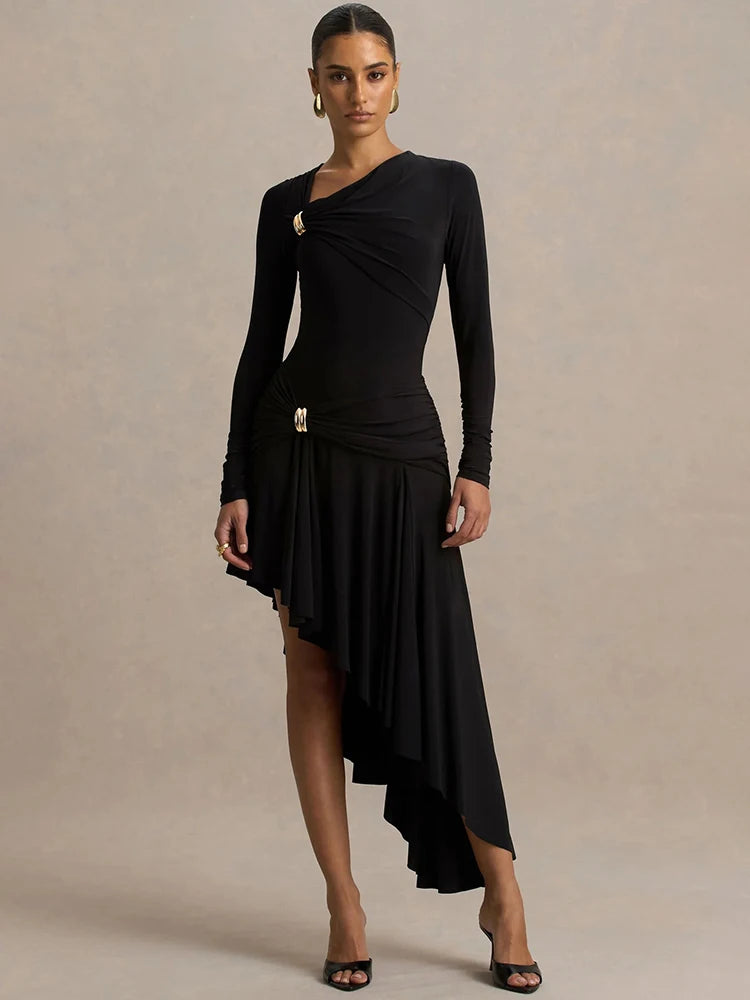 Irregular Long Sleeve Sexy Maxi Dress Women Gown Elegant Diagonal Collar Split Ruffle Ruched Club Party Long Dresses