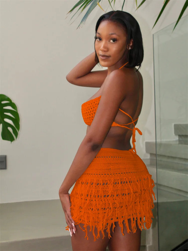 Crochet 2 Piece Set Woman Sexy Beach Vacation Backless Bandage Halter Camisole+Tassel Skirts Party Matching Clubwear