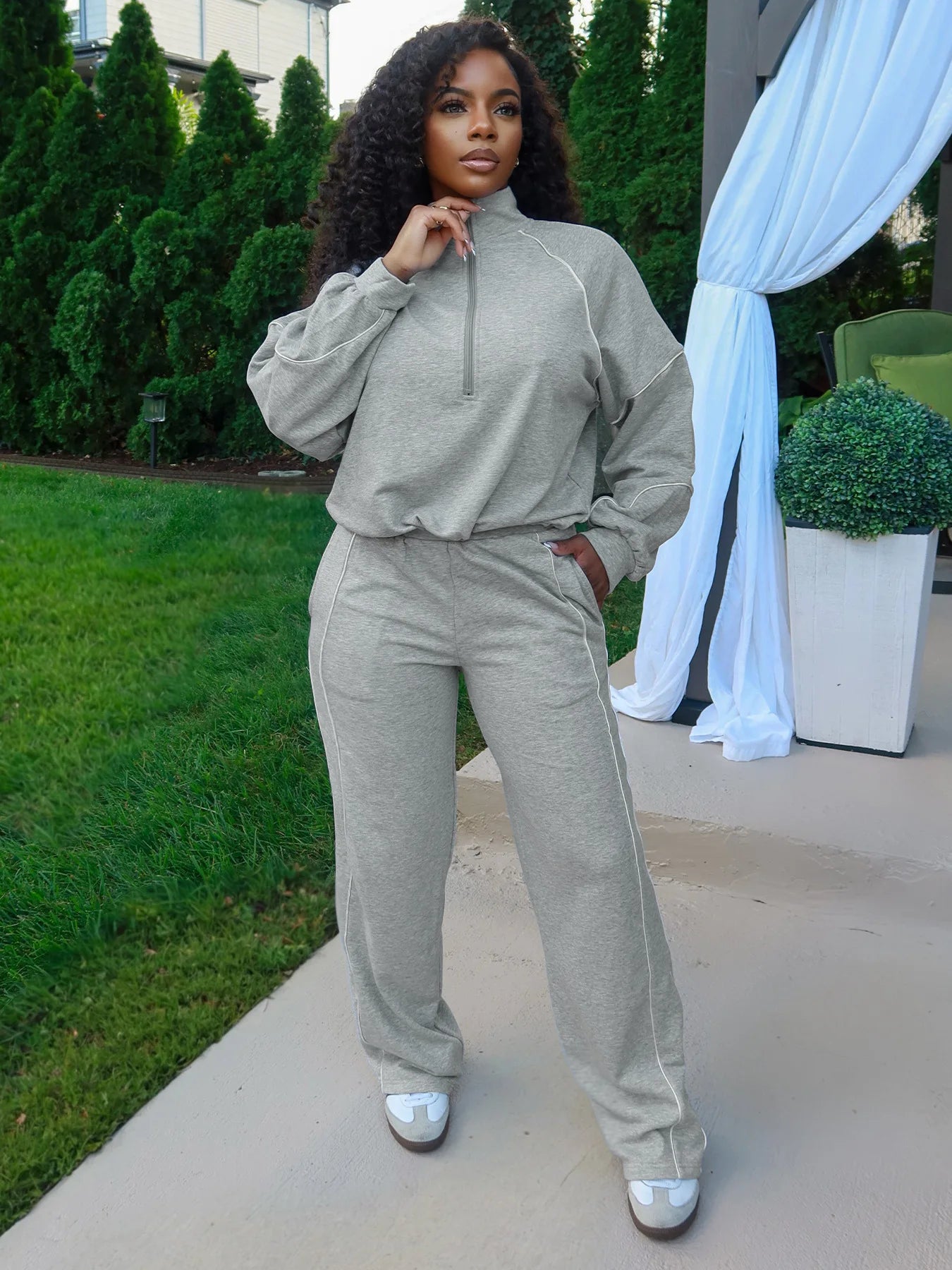 Sporty 2-Piece Set Women Zip Polo-Neck Drawstring Crop Tops+Stripe Pants Matching Simple Casual Tracksuit Streetwear