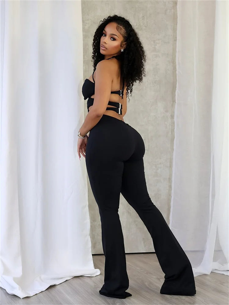 Hollow Cross Halter Jumpsuit Backless Sleeveless Square Metal Rings Peach Buttocks Midnight Sexy Workout Overalls